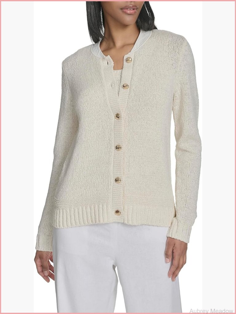 Long Sleeve Mixed Media Button Up Cardigan Cotton Polyester Blended